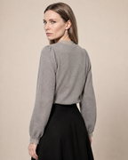 Women's V-Neck Lace Trim Button-Front Top in Gray, 04 back or side, worn by model