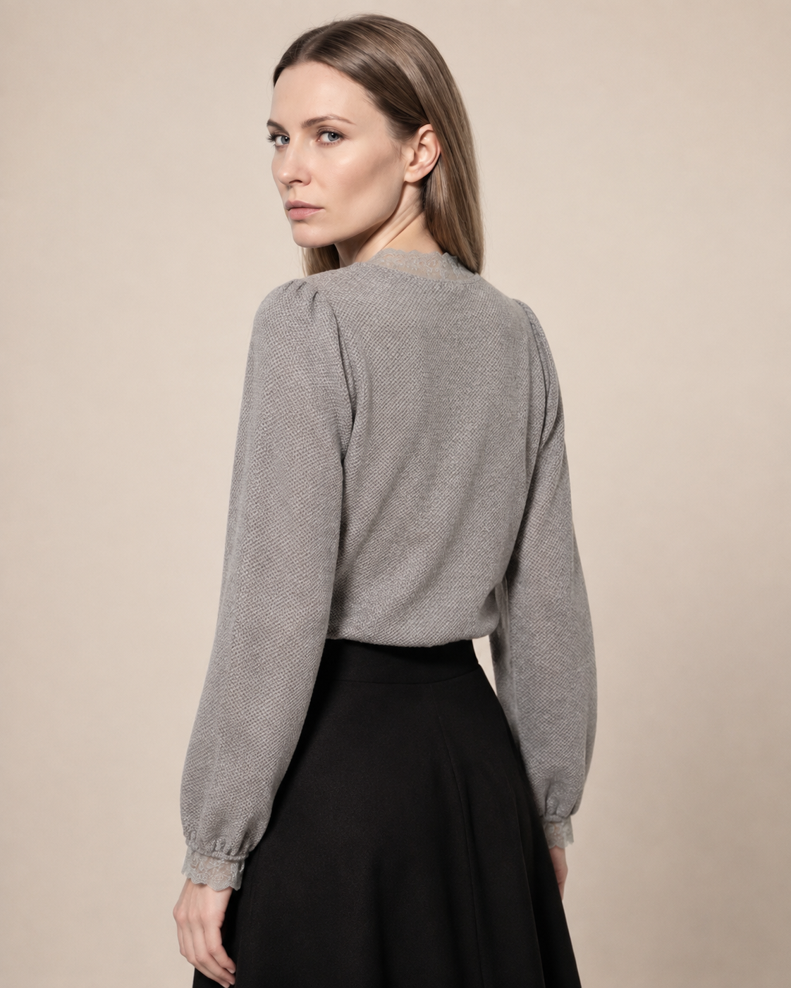 Women's V-Neck Lace Trim Button-Front Top in Gray, 04 back or side, worn by model