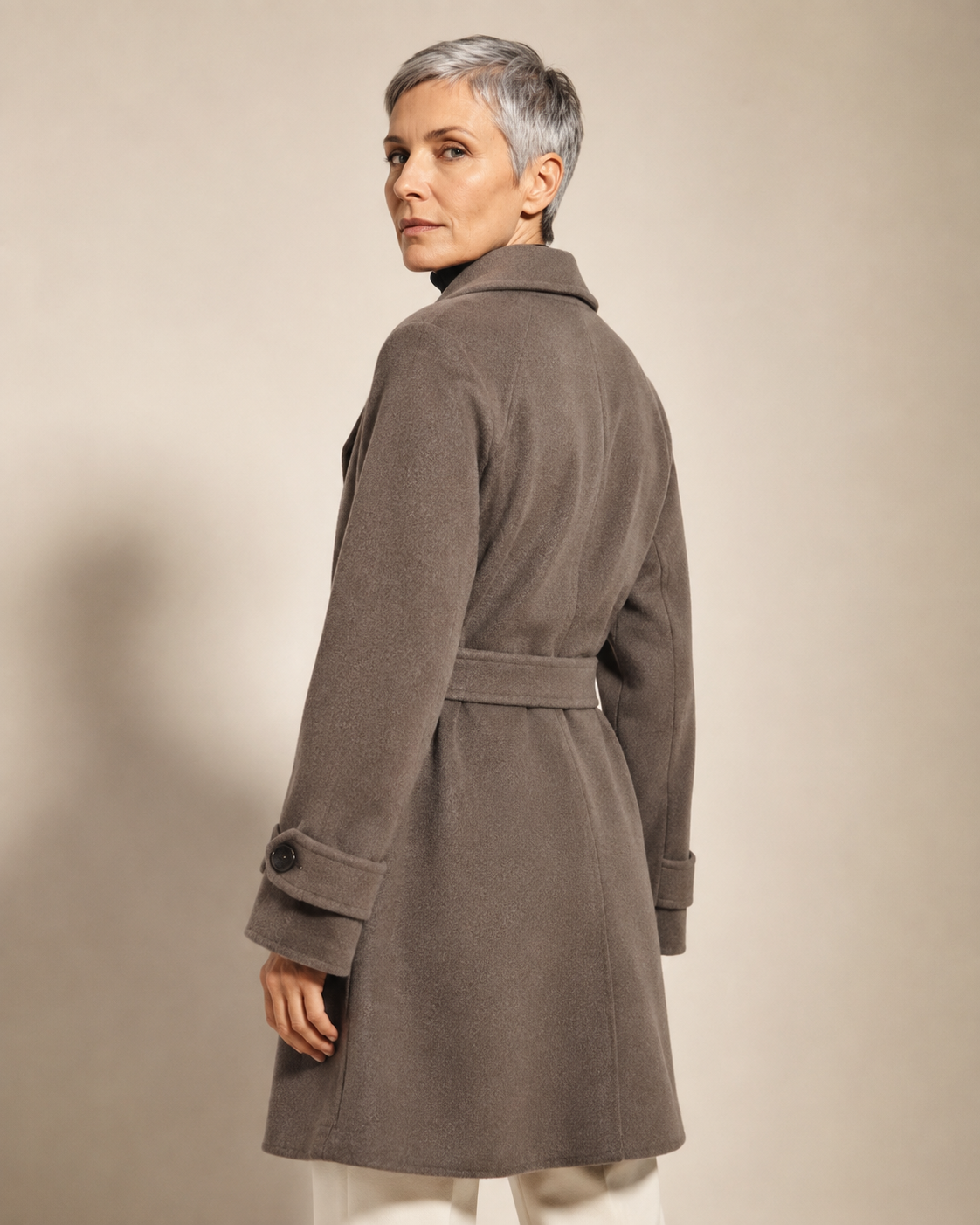 Women's Belted Wool Coat with Chest Flap Pockets in Gray Coffee Color, 04 back or side, worn by model