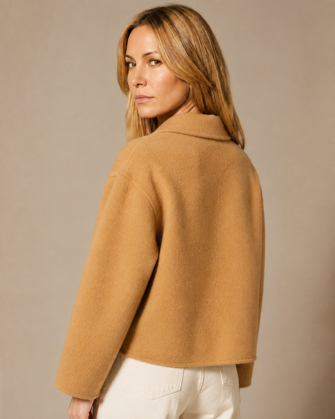 Women's Cropped Button-Front Woolen Jacket for Layering in Camel, 04 back or side, worn by model