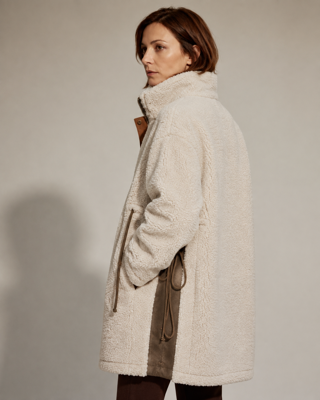 Women's Color-Block Fleece-Look Coat with Drawstrings in Picture Color, 04 back or side, worn by model