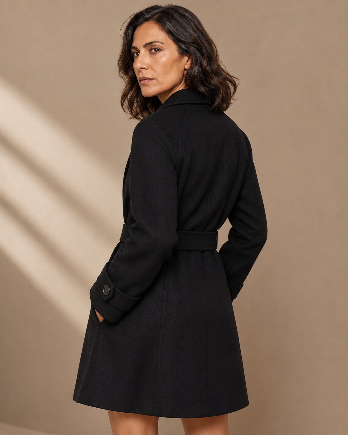 Women's Belted Wool Coat with Chest Flap Pockets in Black, 04 back or side, worn by model