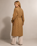 Women's Belted Diamond-Quilted Mid-Length Coat in Khaki, 04 back or side, worn by model