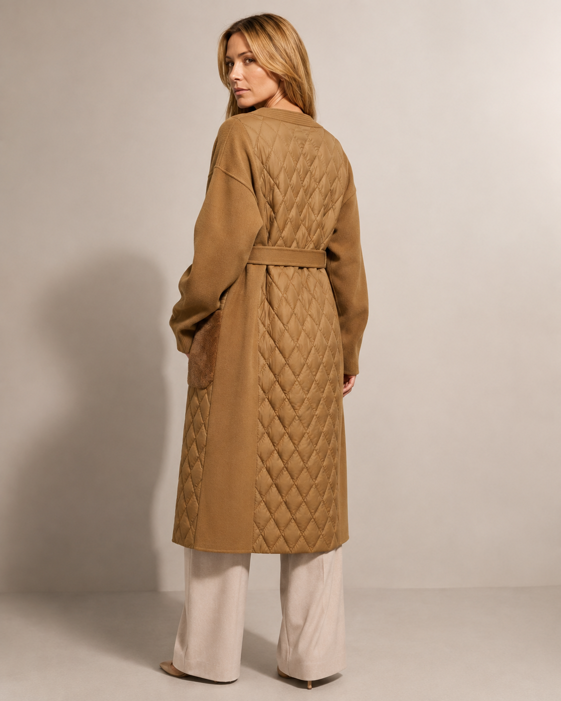 Women's Belted Diamond-Quilted Mid-Length Coat in Khaki, 04 back or side, worn by model
