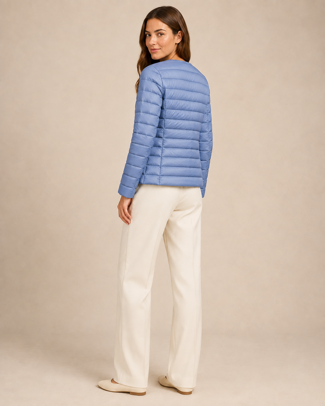 Women's Lightweight Down-Filled Quilted Jacket for Layering in Light Blue, 04 back or side, worn by model