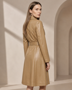 Women's Belted Trench Coat with Notched Collar in Khaki, 04 back or side, worn by model