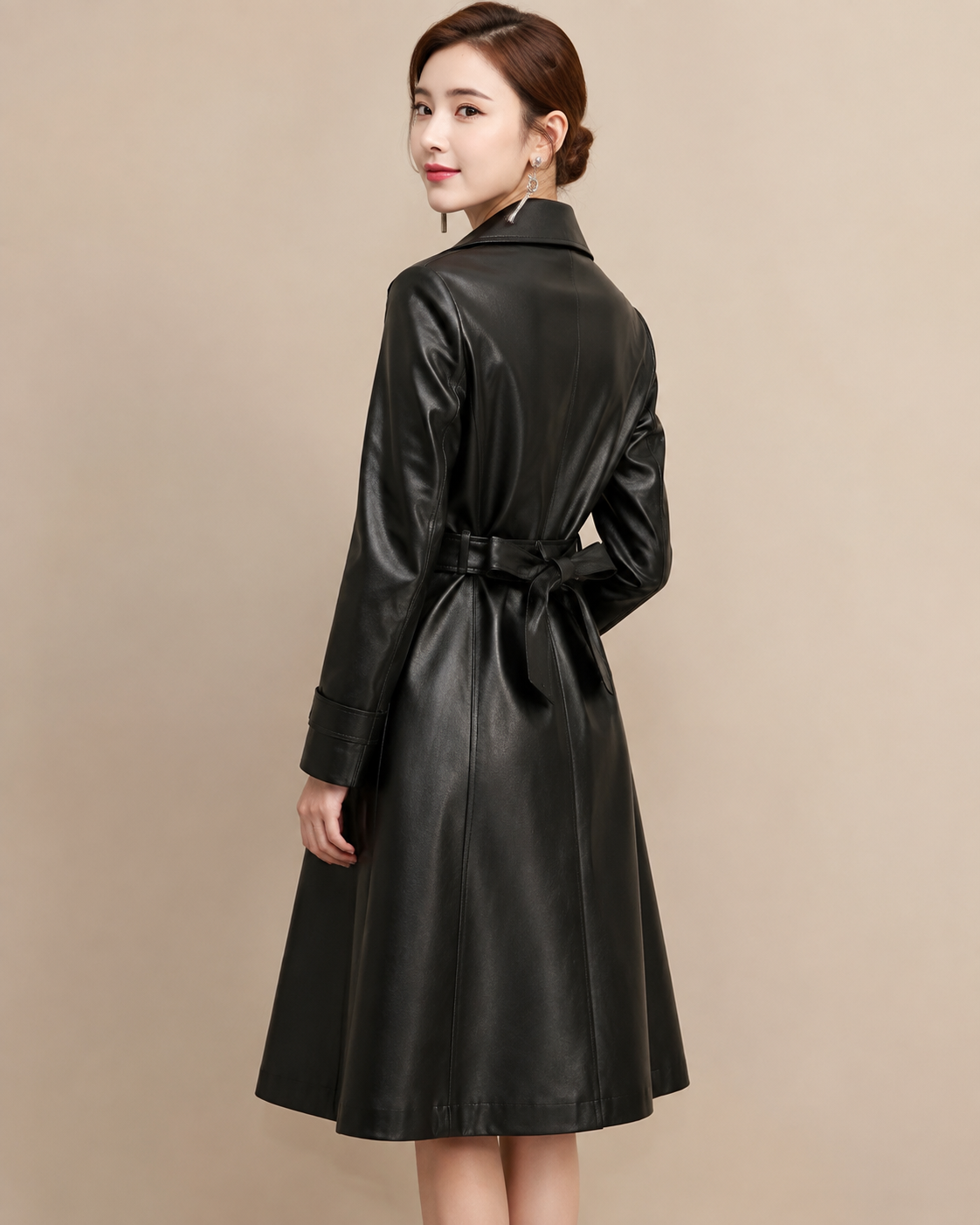 Women's Belted Trench Coat with Notched Collar in Black, 04 back or side, worn by model