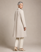 Women's Longline Lapel Coat for Everyday Layering in Off white, 04 back or side, worn by model