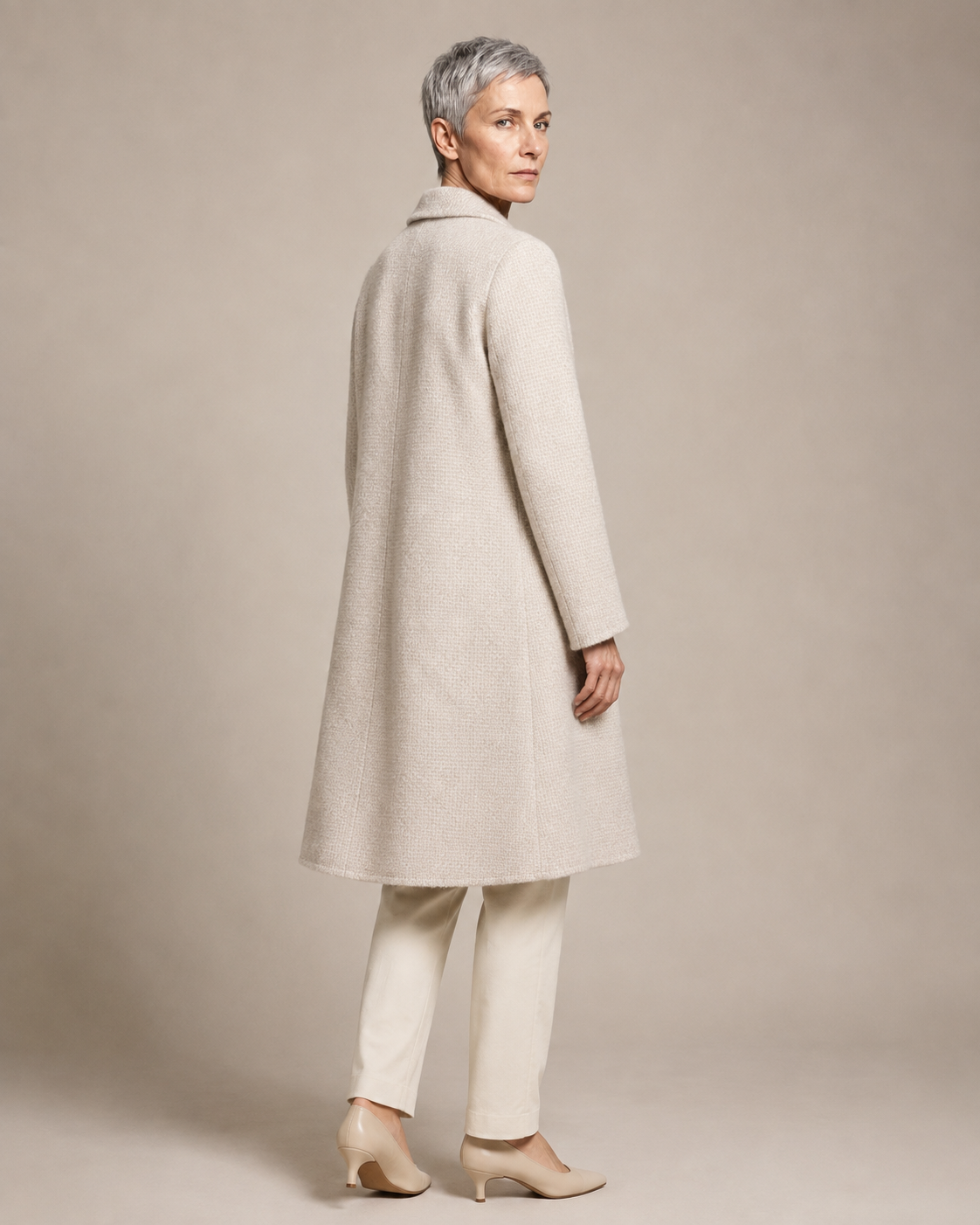 Women's Longline Lapel Coat for Everyday Layering in Off white, 04 back or side, worn by model
