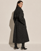Women's Long Plaid Button-Front Coat for Smart Layering in Black, 04 back or side, worn by model