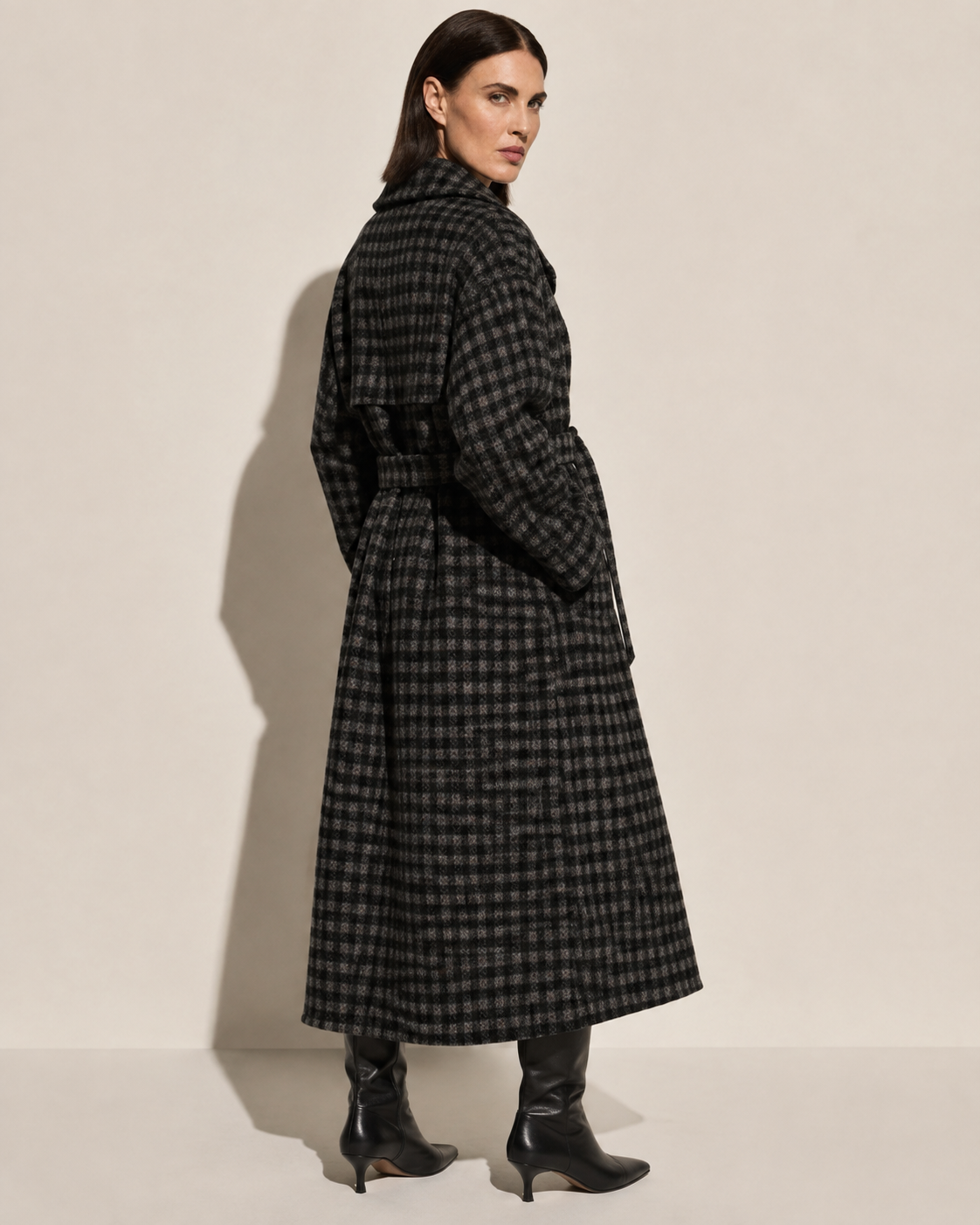 Women's Long Plaid Button-Front Coat for Smart Layering in Black, 04 back or side, worn by model