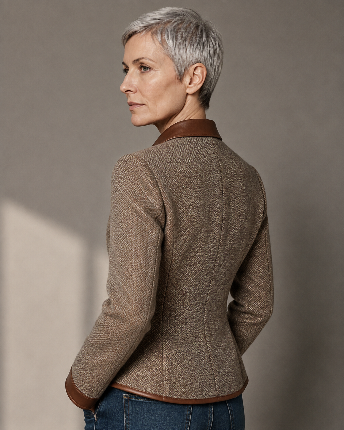 Women's Trim Detail Button Front Jacket in Brown, 04 back or side, worn by model
