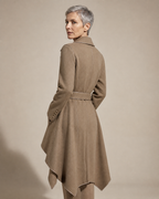 Women's Belted Wrap Coat with Draped Hem in Linen, 04 back or side, worn by model