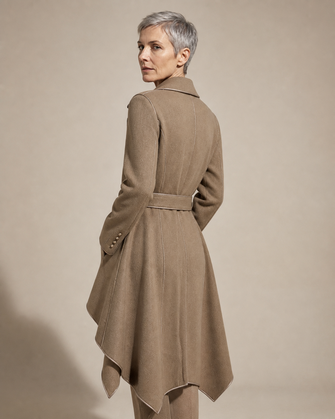 Women's Belted Wrap Coat with Draped Hem in Linen, 04 back or side, worn by model