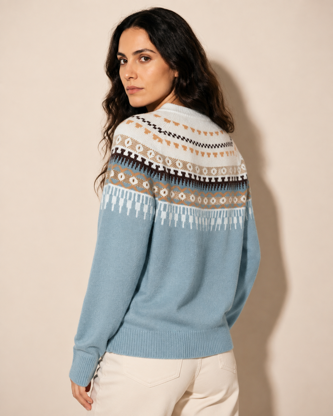 Women's Fair Isle Crewneck Knit Sweater in Sky Blue, 04 back or side, worn by model