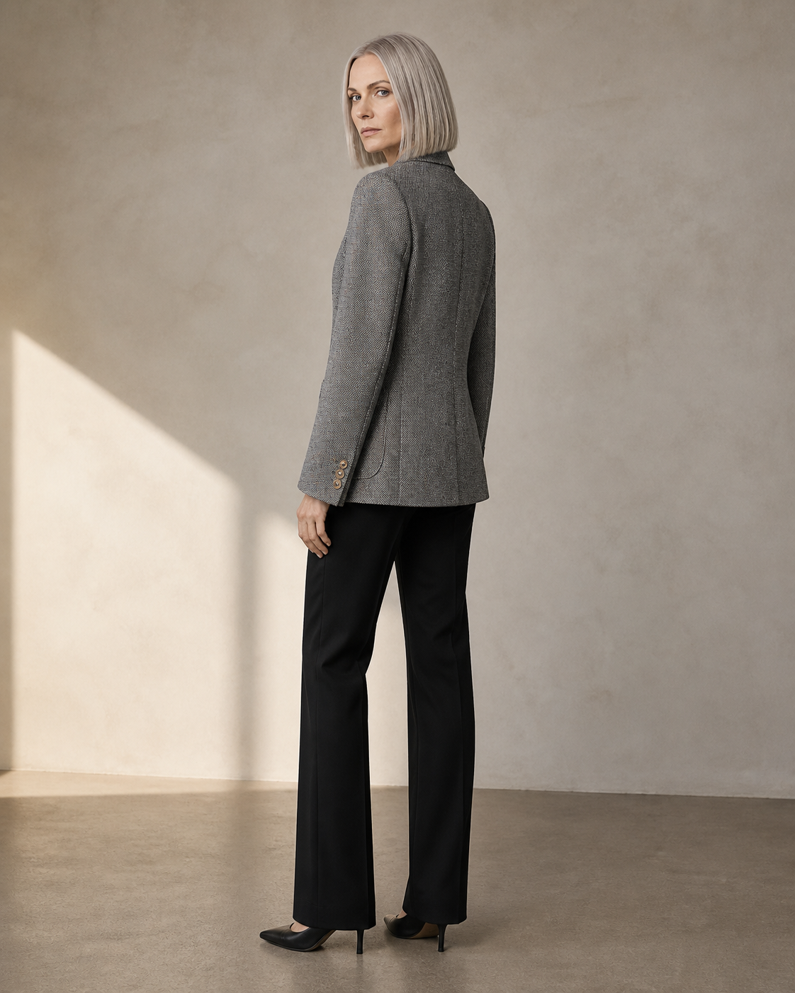 Women's Textured Single-Button Blazer for Smart Layering in Gray, 04 back or side, worn by model