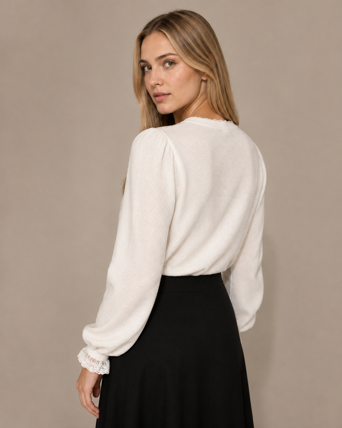 Women's V-Neck Lace Trim Button-Front Top in White, 04 back or side, worn by model