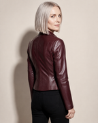 Women's Faux Leather Moto Jacket with Zip Front in Angola Red, 04 back or side, worn by model