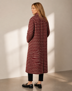 Women's Long Plaid Button-Front Coat for Smart Layering in Red, 04 back or side, worn by model