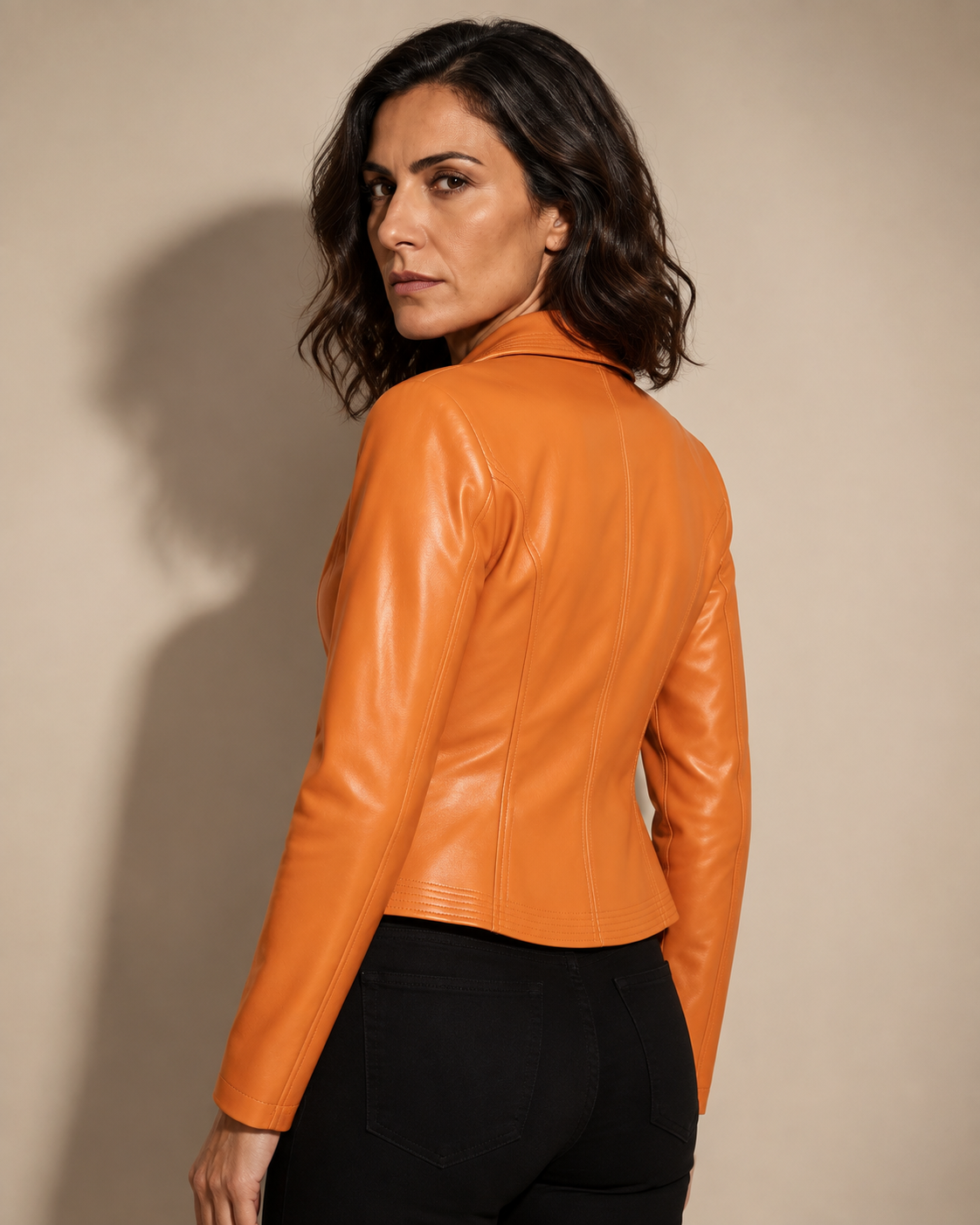 Women's Faux Leather Moto Jacket with Zip Front in Emma Orange, 04 back or side, worn by model