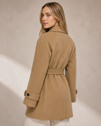 Women's Belted Wool Coat with Chest Flap Pockets in Camel, 04 back or side, worn by model