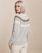 Women's Fair Isle Crewneck Knit Sweater in Light Grey, 04 back or side, worn by model