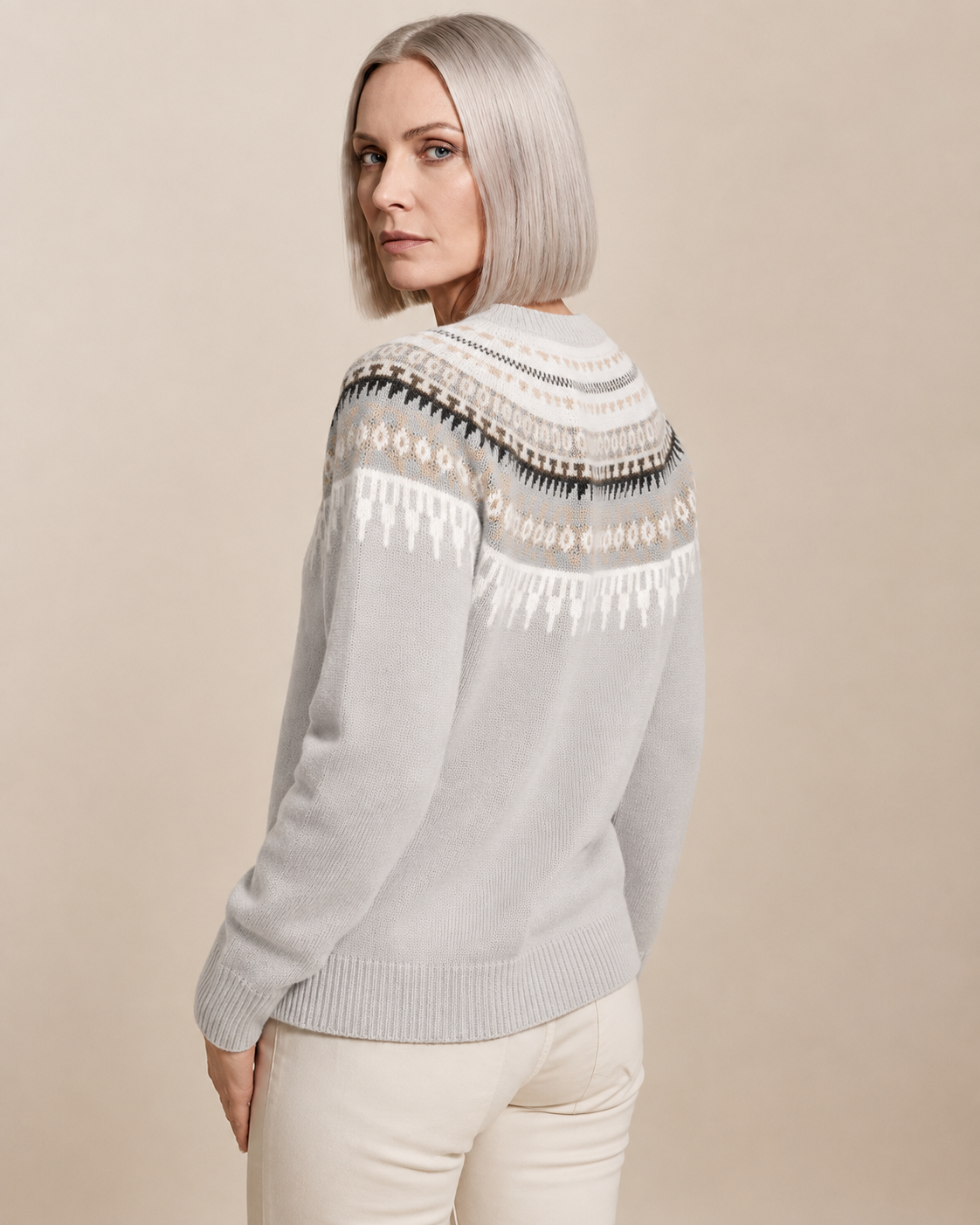 Women's Fair Isle Crewneck Knit Sweater in Light Grey, 04 back or side, worn by model