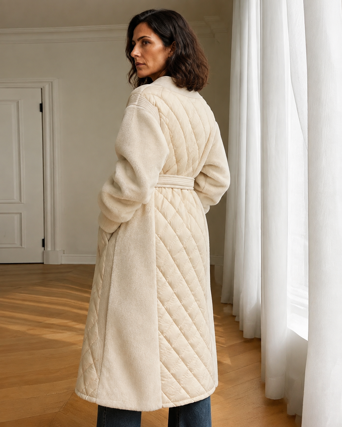 Women's Belted Diamond-Quilted Mid-Length Coat in Creamy White, 04 back or side, worn by model