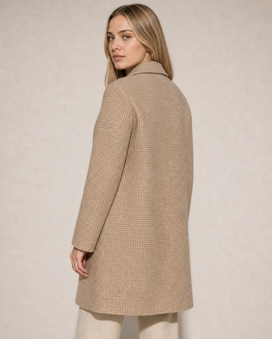 Women's Longline Lapel Coat for Everyday Layering in Camel, 04 back or side, worn by model
