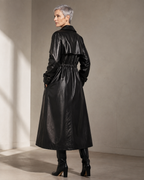 Women's Belted Leather-Look Trench Coat for Everyday Layering in Black, 04 back or side, worn by model