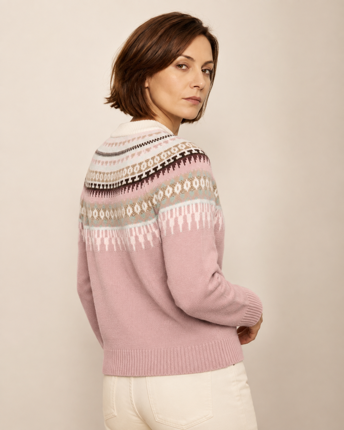 Women's Fair Isle Crewneck Knit Sweater in Pink, 04 back or side, worn by model