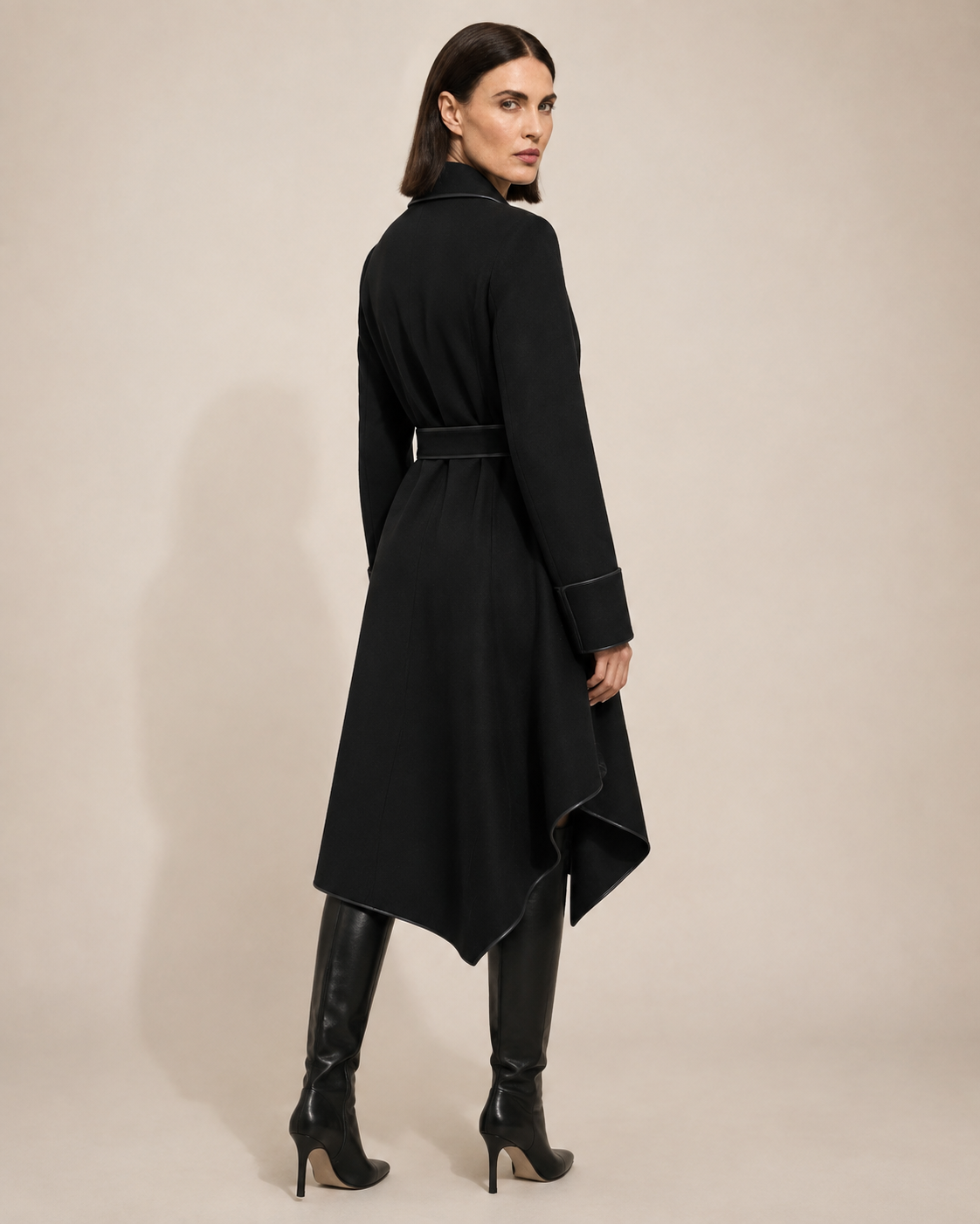 Women's Belted Wrap Coat with Draped Hem in Black, 04 back or side, worn by model