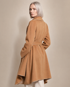 Women's Belted Wrap Coat with Draped Hem in Golden Camel, 04 back or side, worn by model