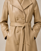 Women's Belted Trench Coat with Notched Collar in Khaki, 05 material macro, worn by model