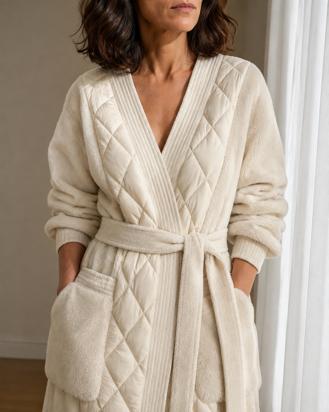 Women's Belted Diamond-Quilted Mid-Length Coat in Creamy White, 05 material macro, worn by model