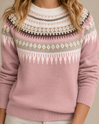 Women's Fair Isle Crewneck Knit Sweater in Pink, 05 material macro, worn by model