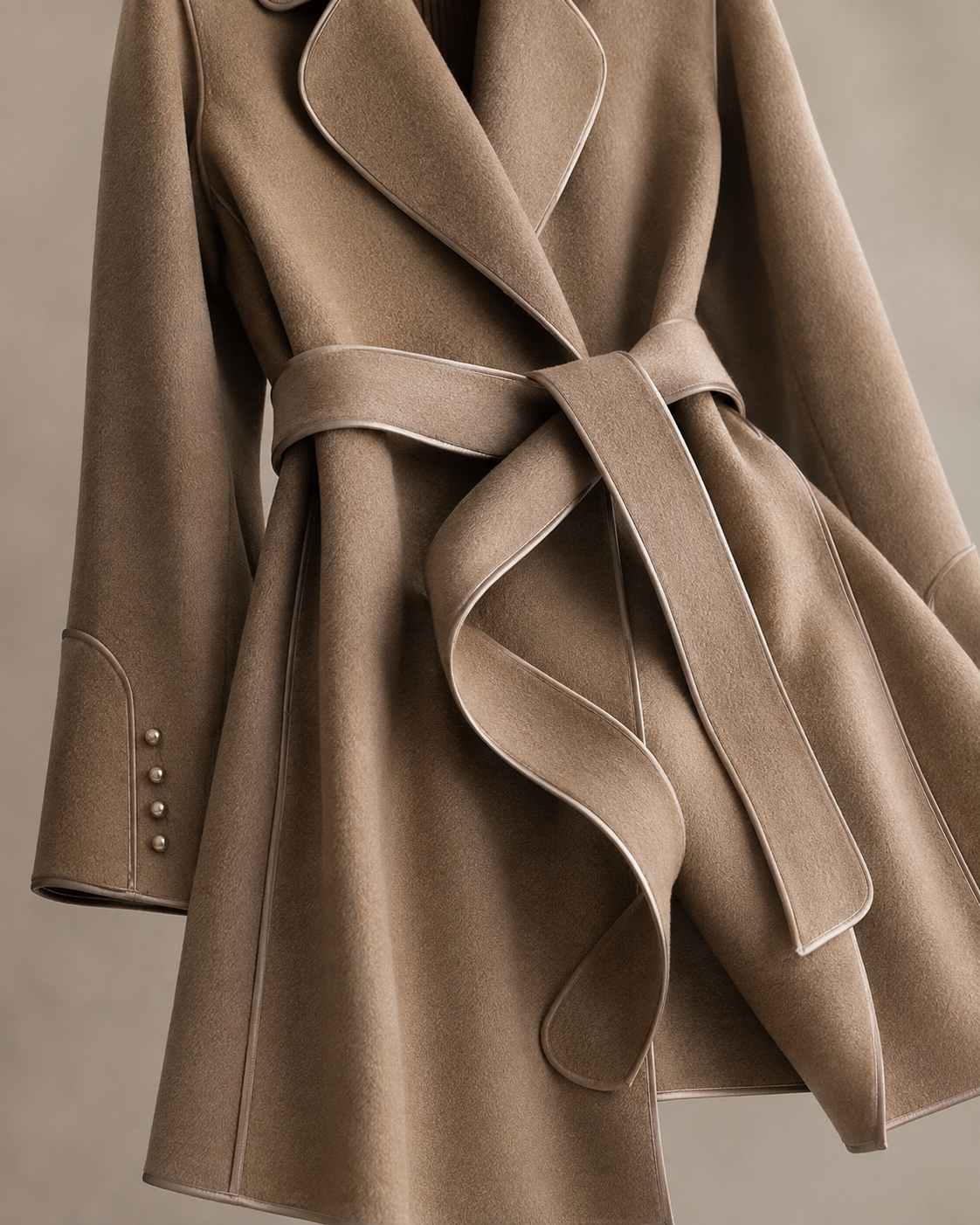 Women's Belted Wrap Coat with Draped Hem in Linen, 05 material macro, worn by model