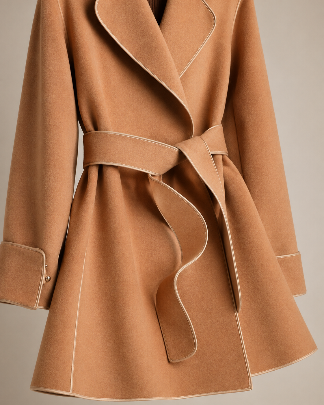 Women's Belted Wrap Coat with Draped Hem in Golden Camel, 05 material macro, worn by model