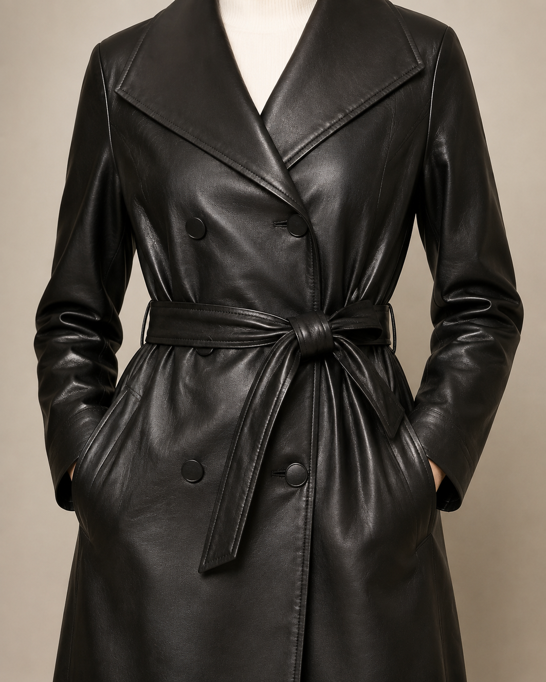 Women's Belted Trench Coat with Notched Collar in Black, 05 material macro, worn by model