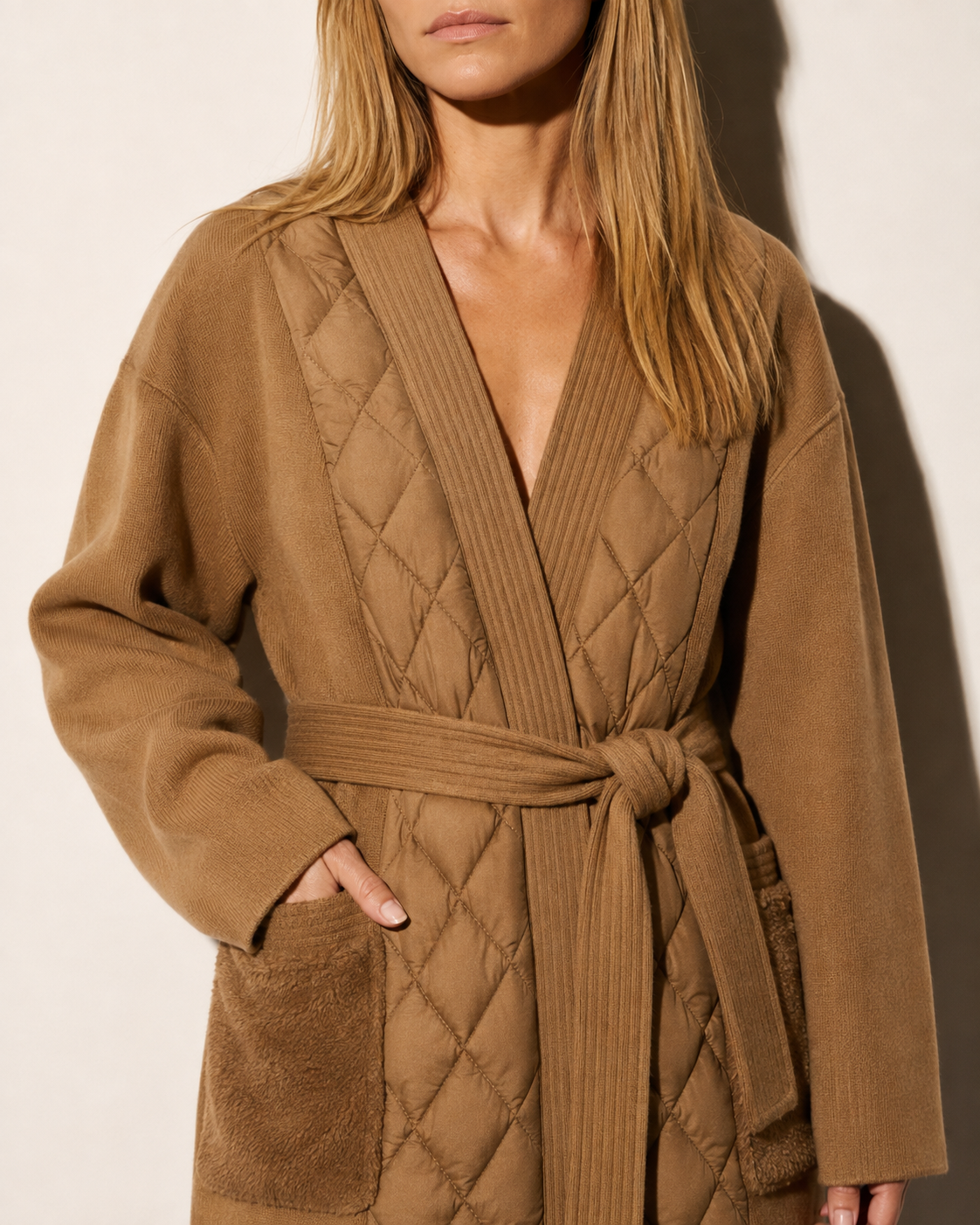 Women's Belted Diamond-Quilted Mid-Length Coat in Khaki, 05 material macro, worn by model