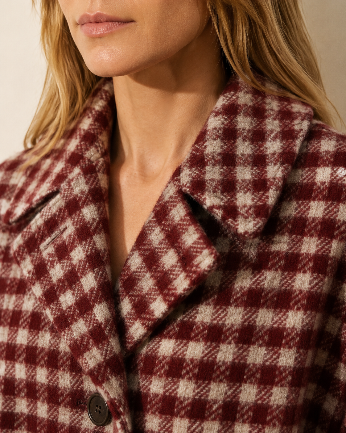 Women's Long Plaid Button-Front Coat for Smart Layering in Red, 05 material macro, worn by model