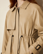 Women's Belted Leather-Look Trench Coat for Everyday Layering in Beige, 05 material macro, worn by model