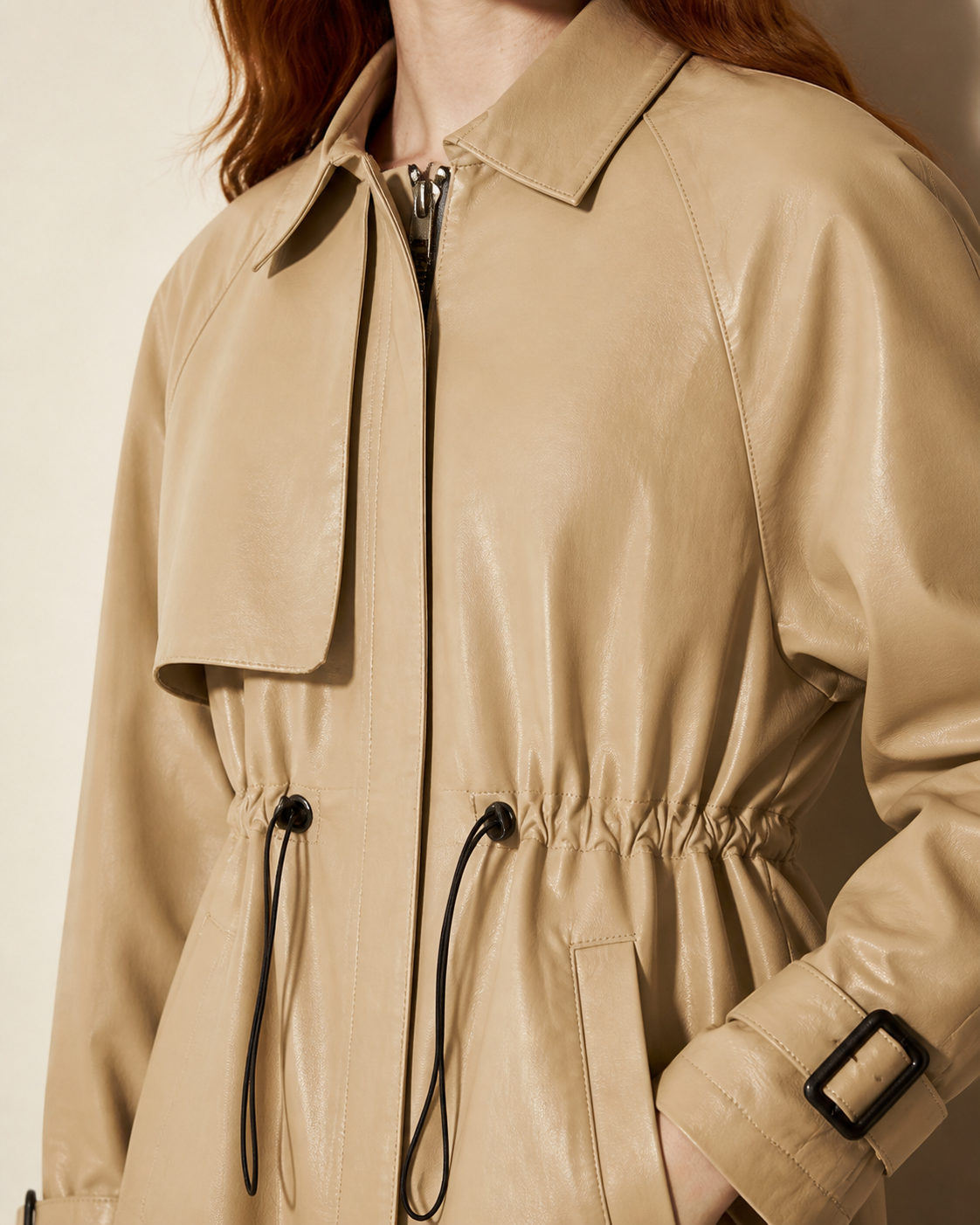 Women's Belted Leather-Look Trench Coat for Everyday Layering in Beige, 05 material macro, worn by model