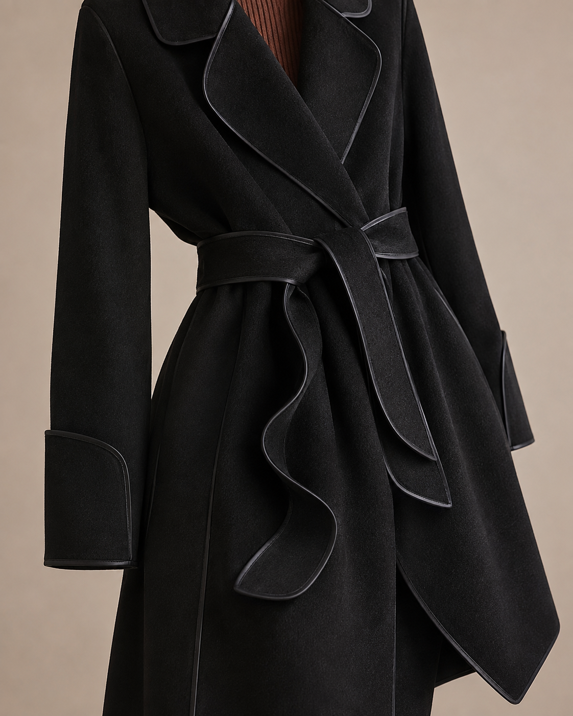 Women's Belted Wrap Coat with Draped Hem in Black, 05 material macro, worn by model