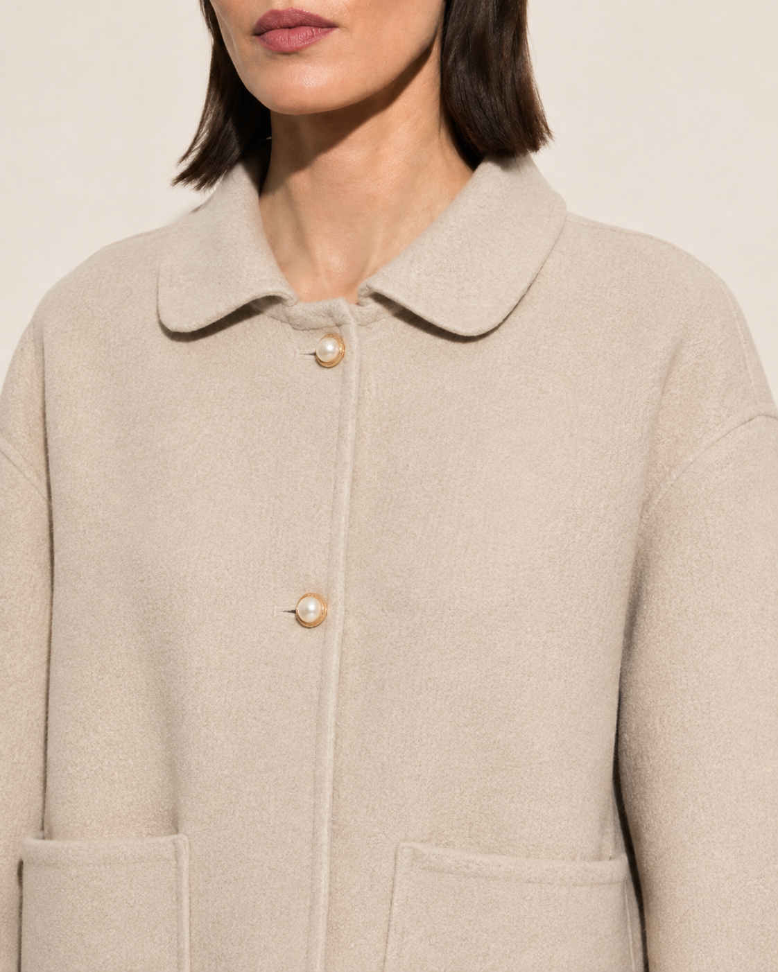 Women's Cropped Button-Front Woolen Jacket for Layering in Beige, 05 material macro, worn by model