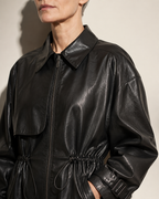 Women's Belted Leather-Look Trench Coat for Everyday Layering in Black, 05 material macro, worn by model