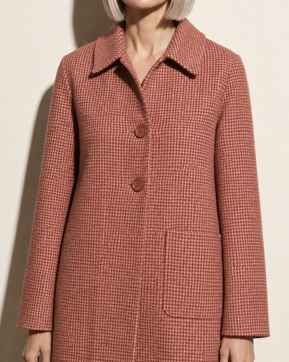 Women's Longline Lapel Coat for Everyday Layering in Red, 05 material macro, worn by model