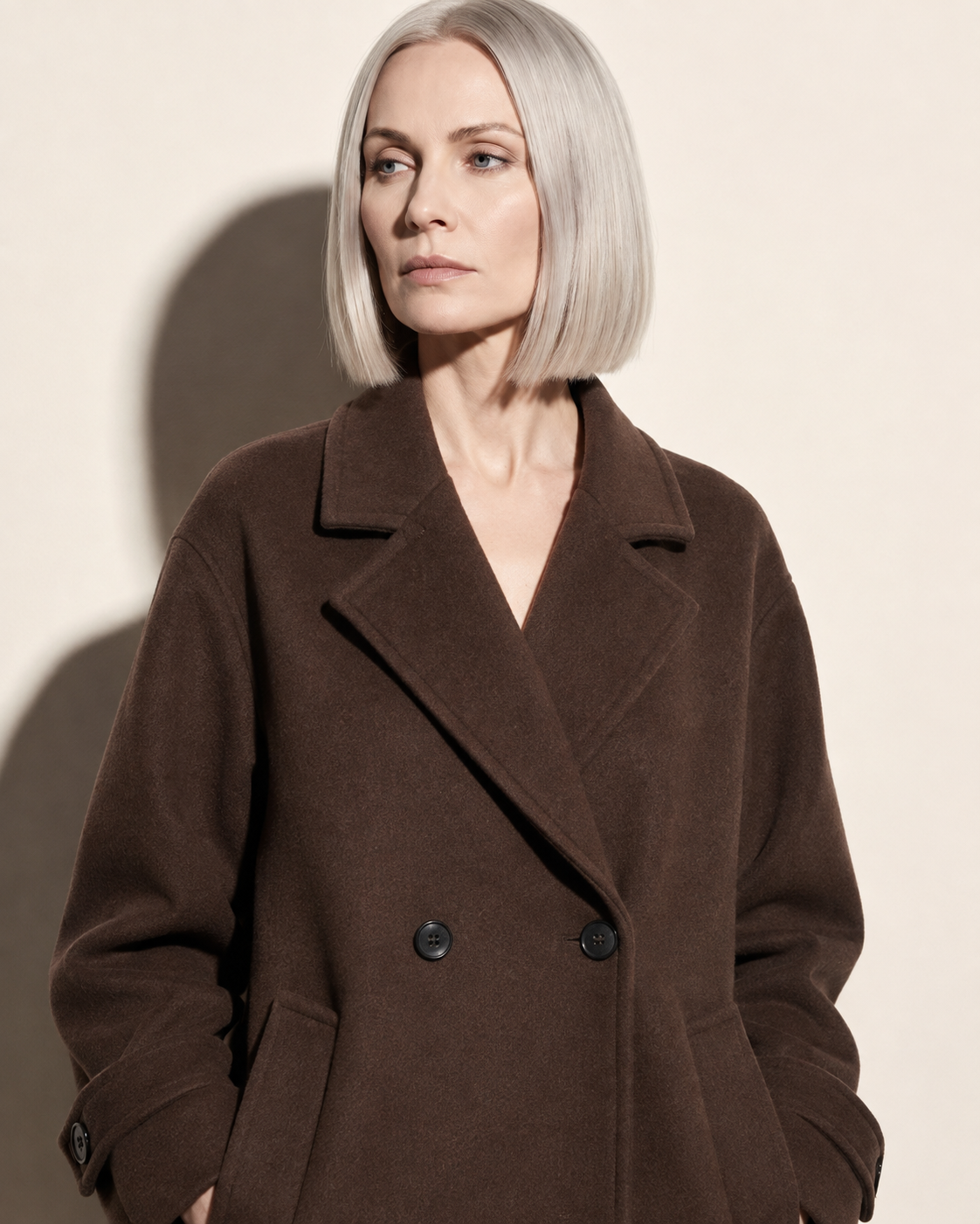 Women's Double-Breasted Long Coat with Patch Pockets in Reddish Brown, 05 material macro, worn by model