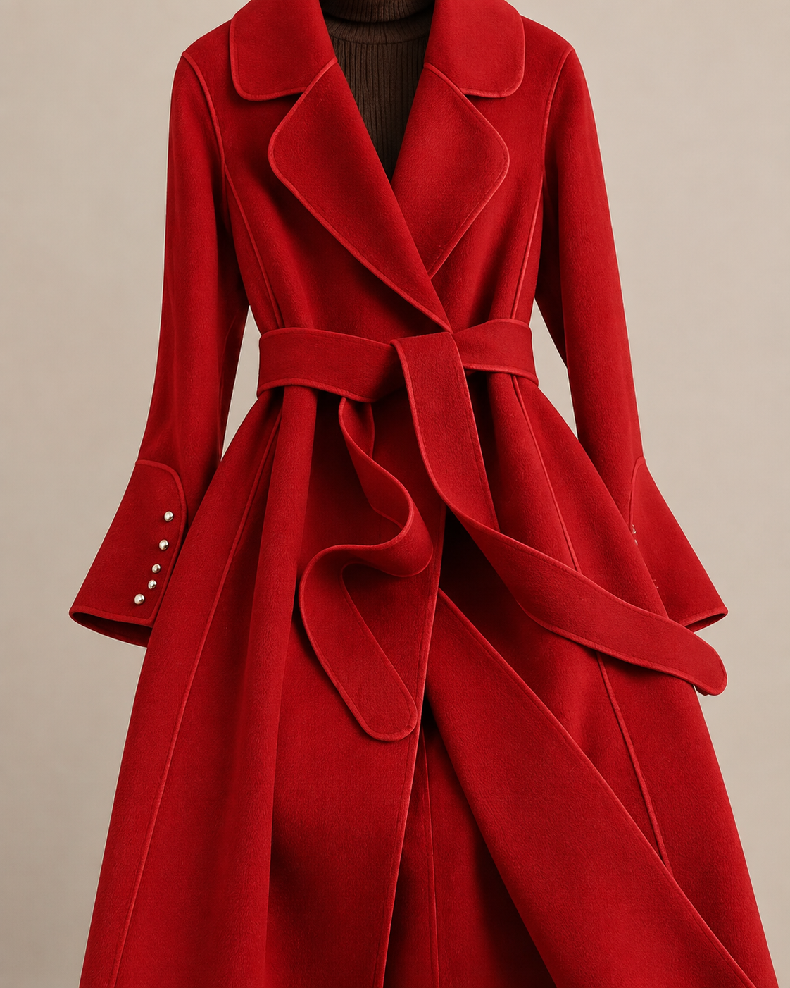 Women's Belted Wrap Coat with Draped Hem in Red1, 05 material macro, worn by model
