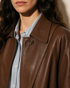 Women's Oversized Faux Leather Utility Jacket with Drawstring in Red Brown With Bag, 05 material macro, worn by model